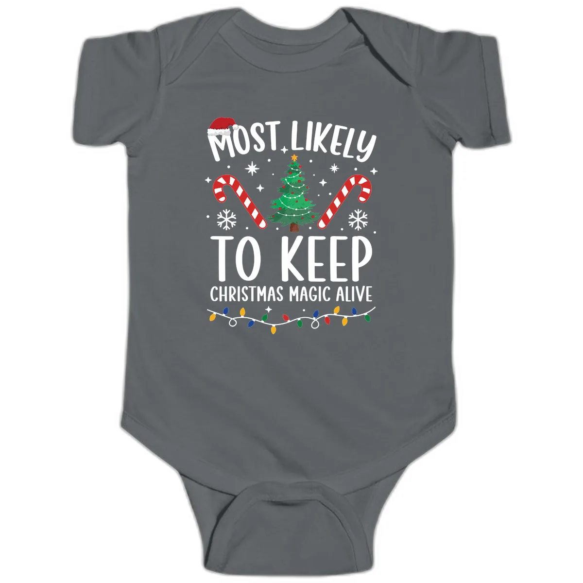 Most Likely To Keep Christmas Magic Alive Baby Onesie in Charcoal