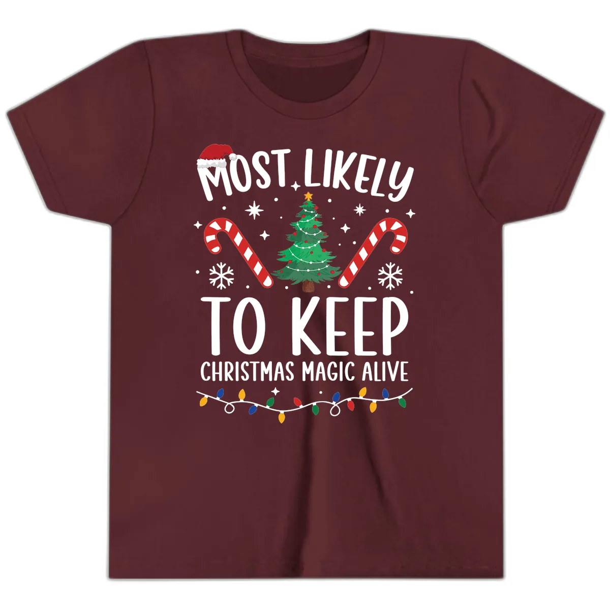 Most Likely To Keep Christmas Magic Alive Youth T-Shirt in Maroon