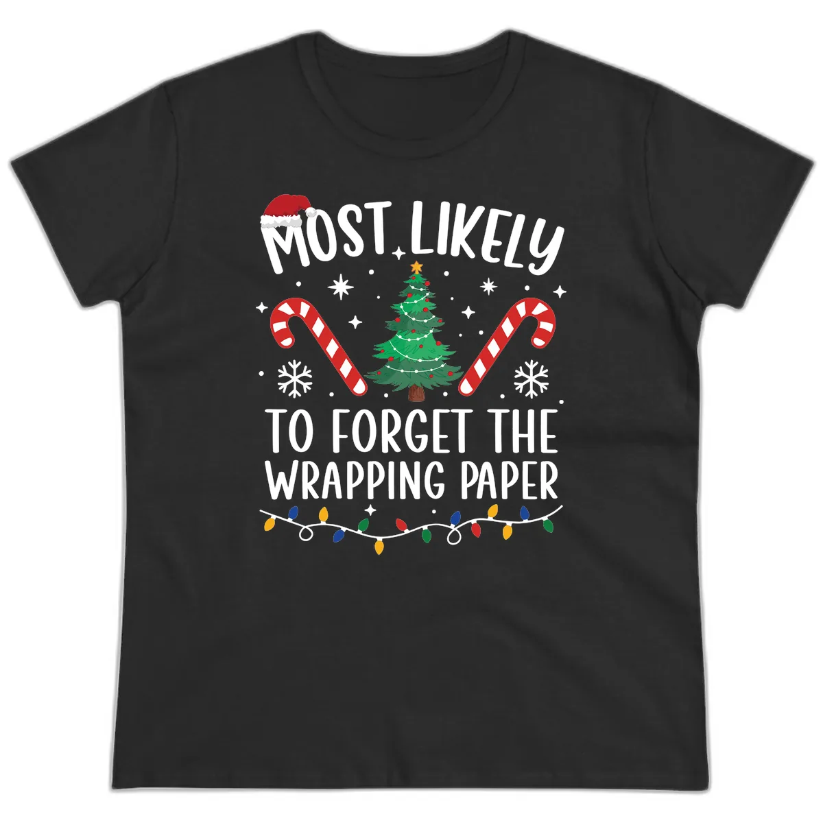 Most Likely To Forget Wrapping Paper Ladies Tee in Black