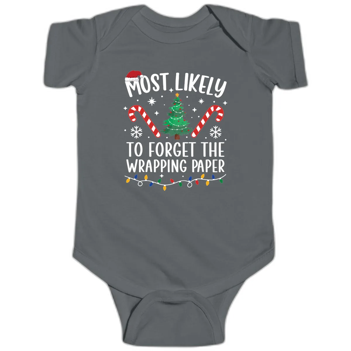 Most Likely To Forget Wrapping Paper Baby Onesie in Charcoal
