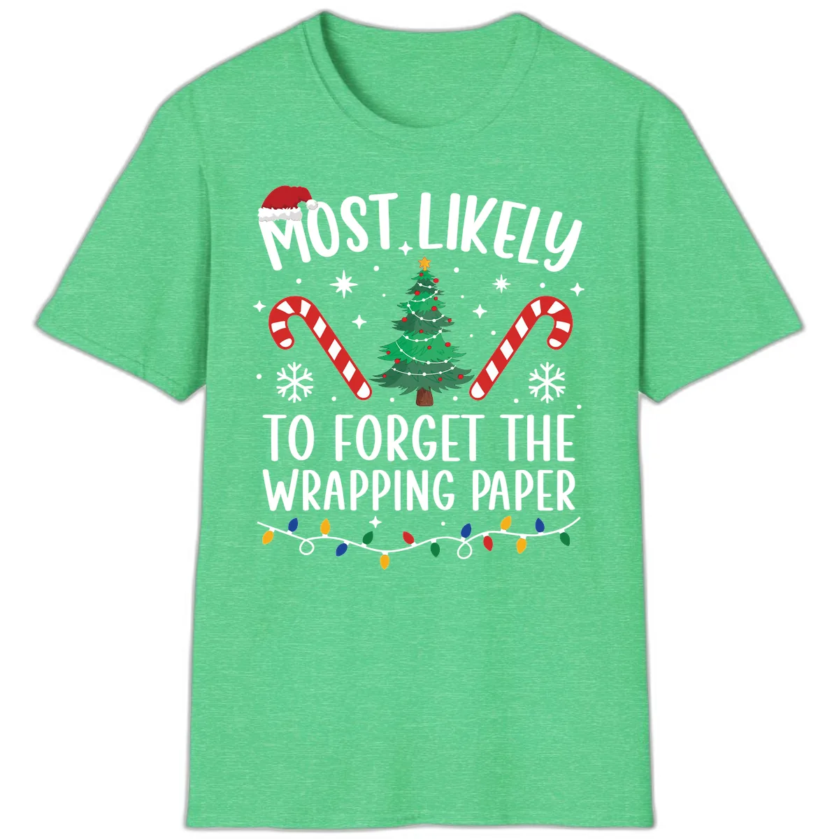 Most Likely To Forget Wrapping Paper T-Shirt in Heather Irish Green