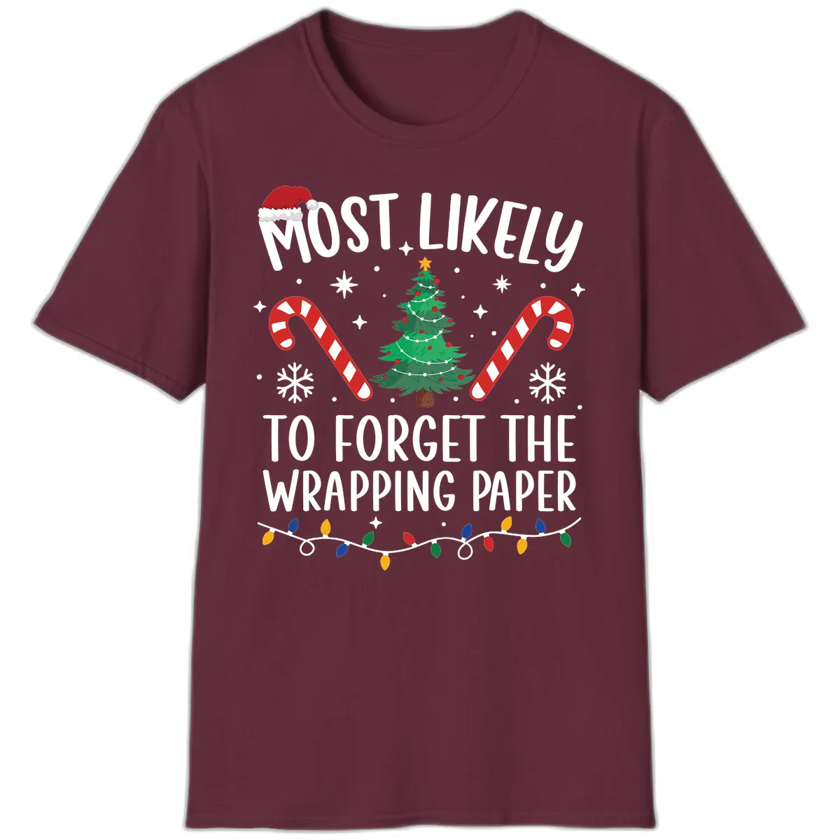 Most Likely To Forget Wrapping Paper T-Shirt in Maroon