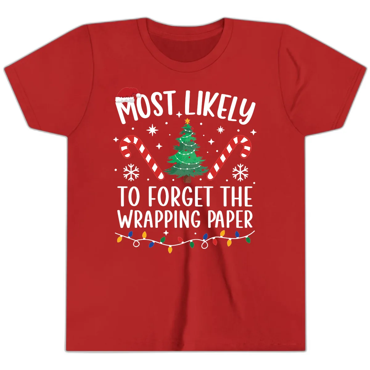 Most Likely To Forget Wrapping Paper Youth T-Shirt in Red