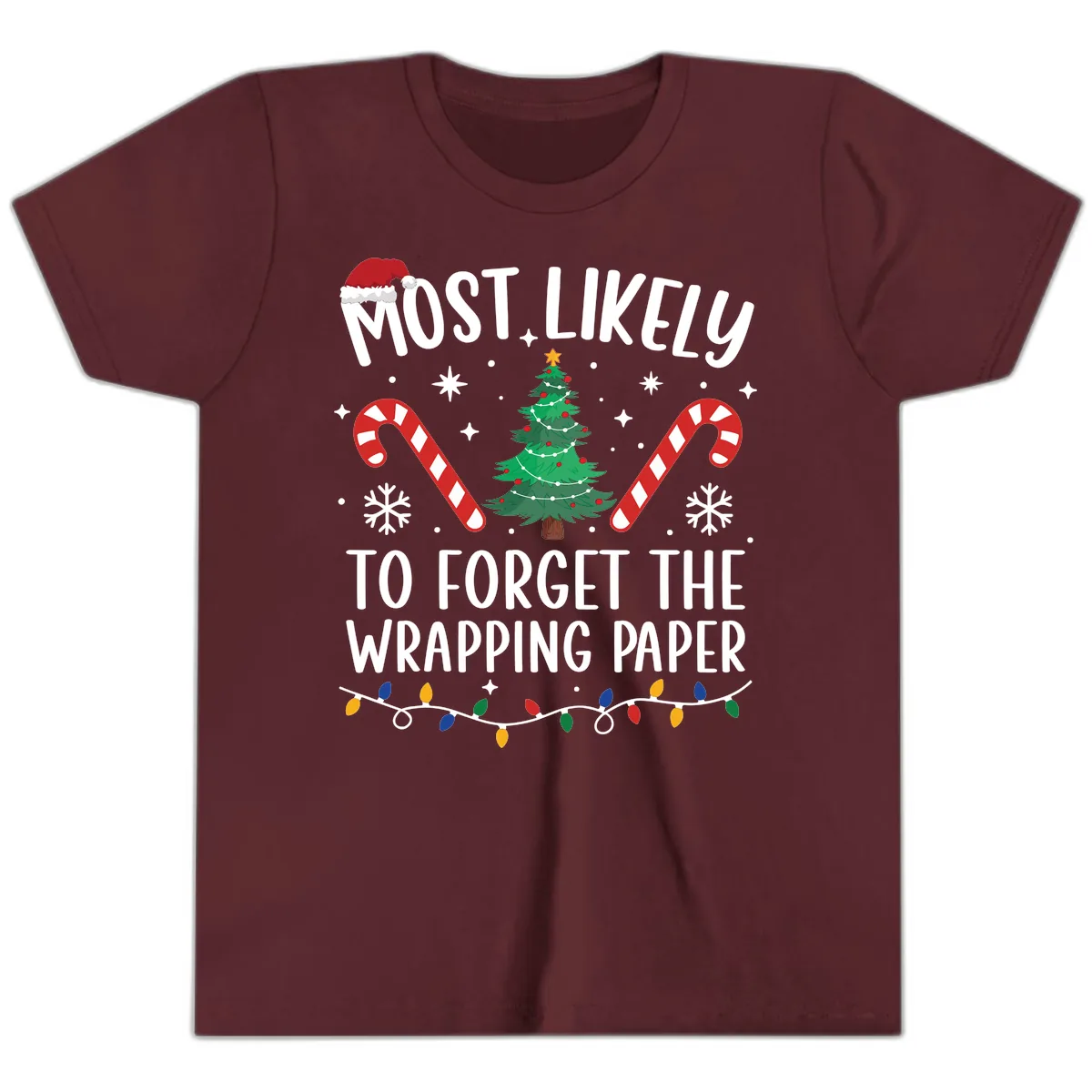 Most Likely To Forget Wrapping Paper Youth T-Shirt in Maroon