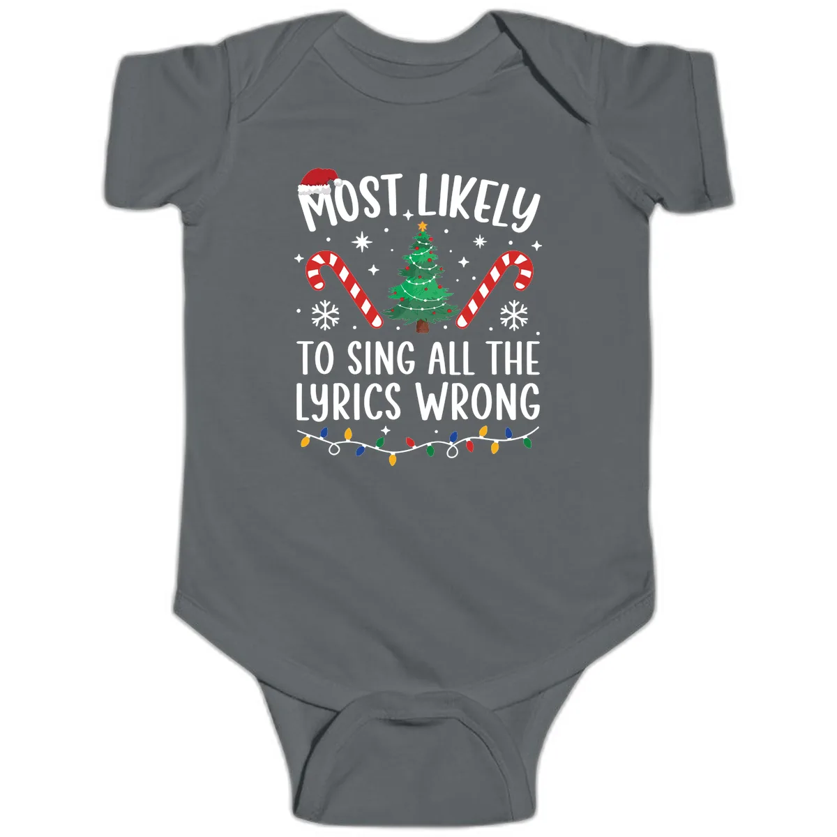 Most Likely To Sing All The Lyrics Wrong Christmas T-Shirt Baby Onesie in Charcoal