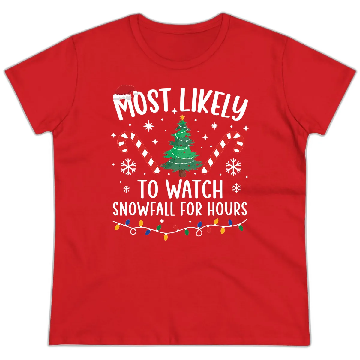 Most Likely To Watch Snowfall For Hours Ladies Tee in Red