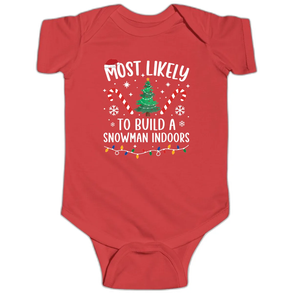 Most Likely To Build A Snowman Indoors Baby Onesie in Red