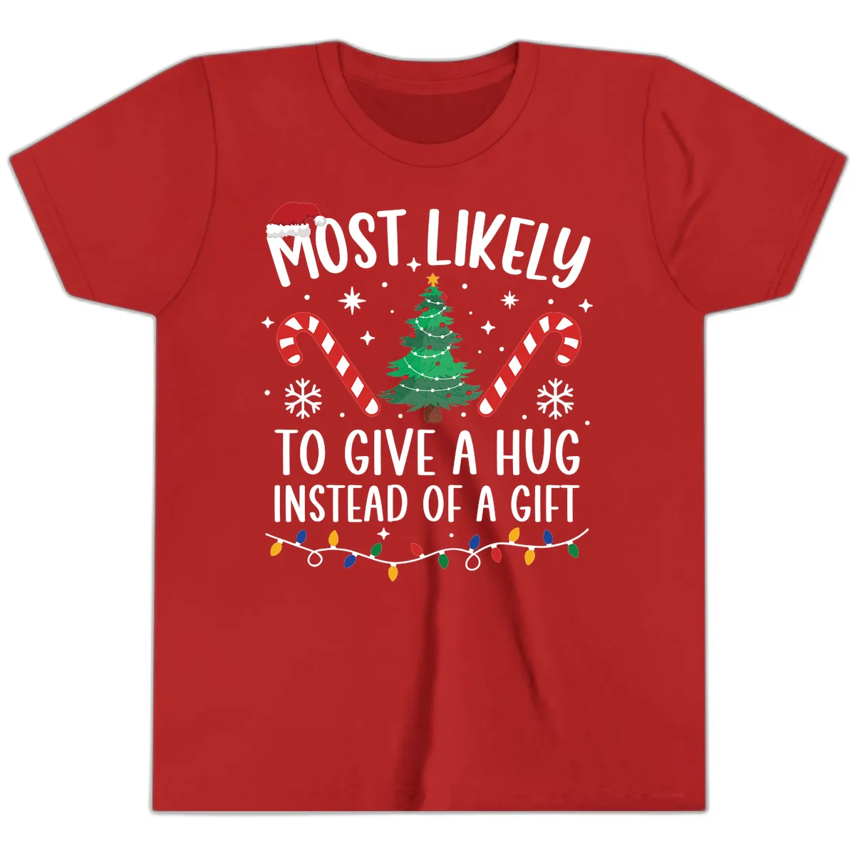 Most Likely To Give A Hug Christmas Design Youth T-Shirt in Red