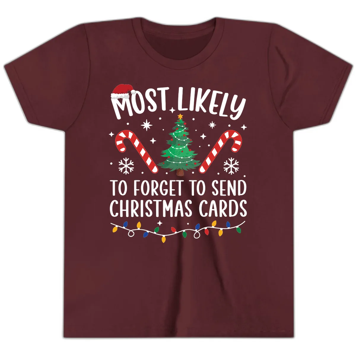 Most Likely To Forget Christmas Cards Youth T-Shirt in Maroon