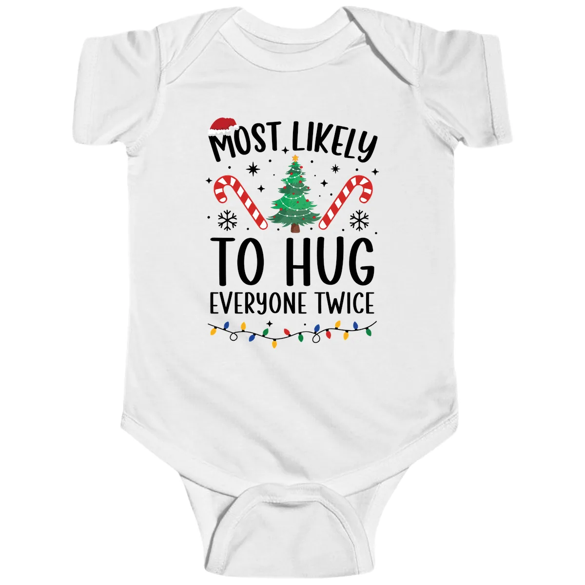 Most Likely To Hug Everyone Twice Christmas Baby Onesie in White
