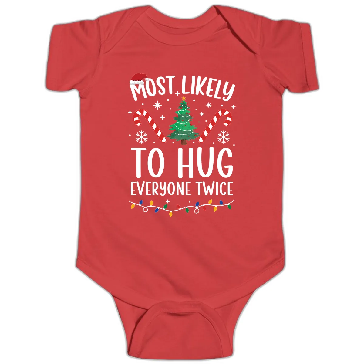 Most Likely To Hug Everyone Twice Christmas Baby Onesie in Red