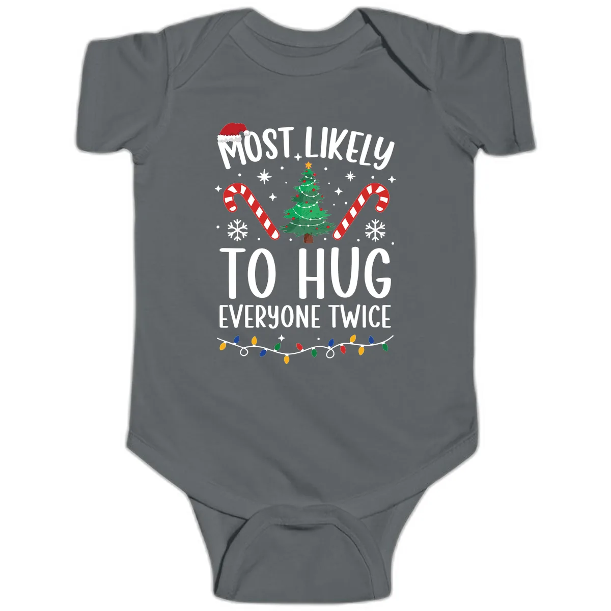 Most Likely To Hug Everyone Twice Christmas Baby Onesie in Charcoal