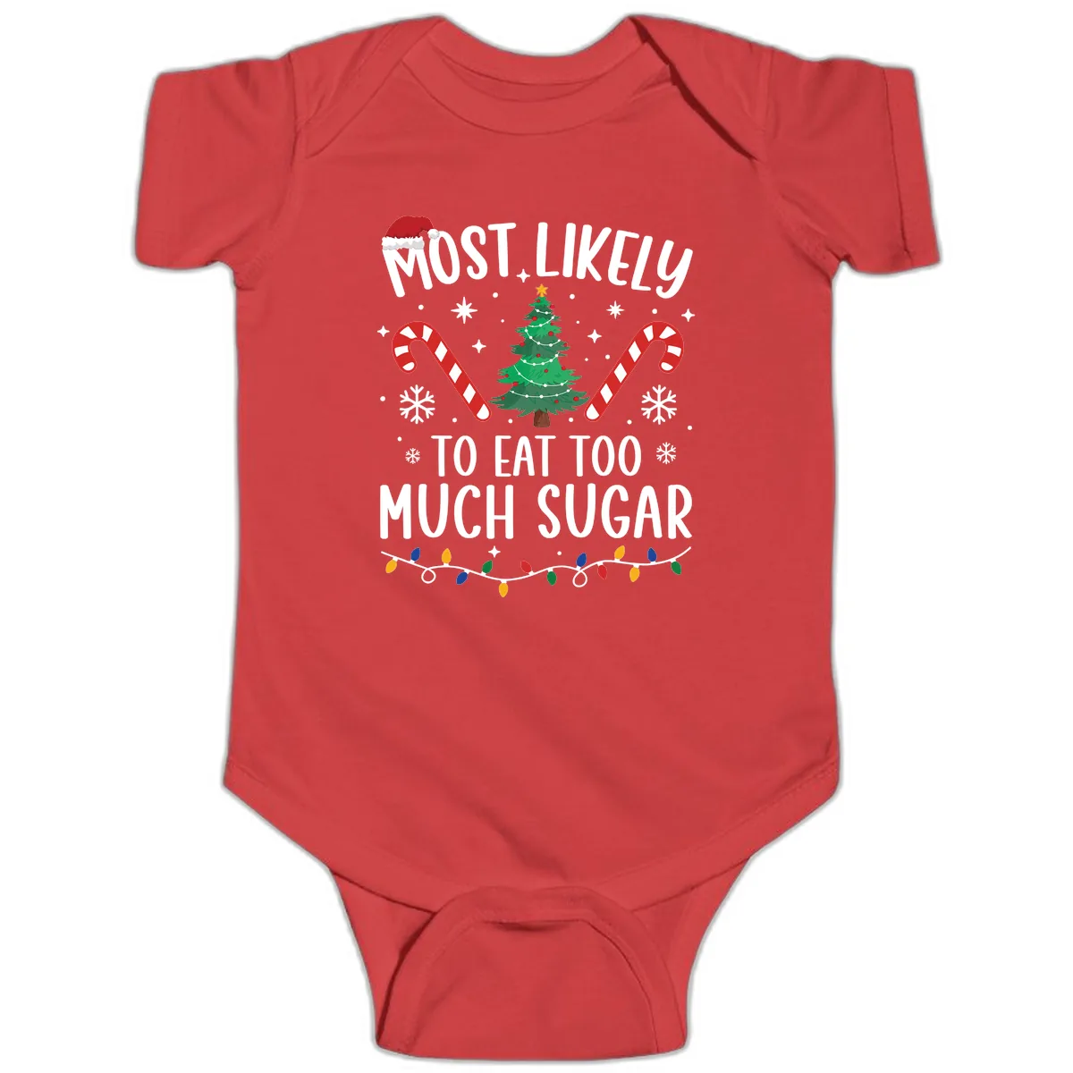 Most Likely To Eat Too Much Sugar Christmas Baby Onesie in Red