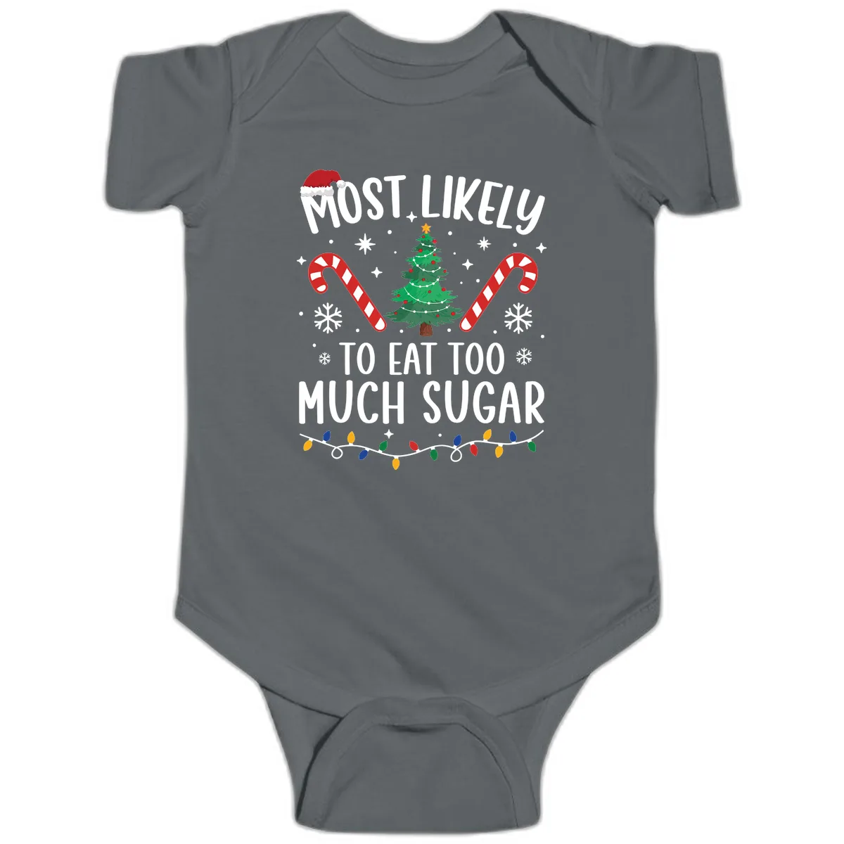 Most Likely To Eat Too Much Sugar Christmas Baby Onesie in Charcoal