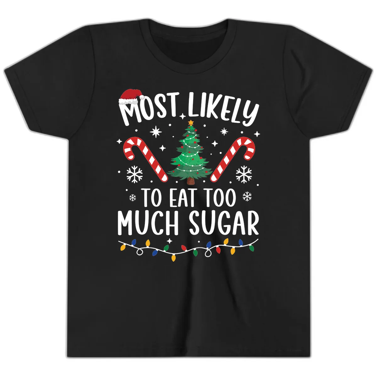 Most Likely To Eat Too Much Sugar Christmas Youth T-Shirt in Black