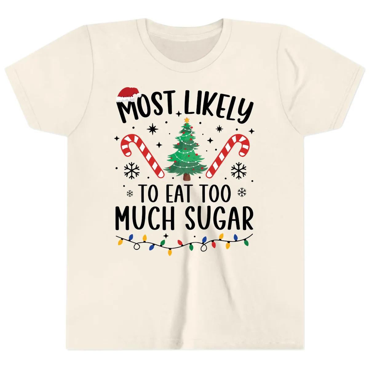 Most Likely To Eat Too Much Sugar Christmas Youth T-Shirt in Natural