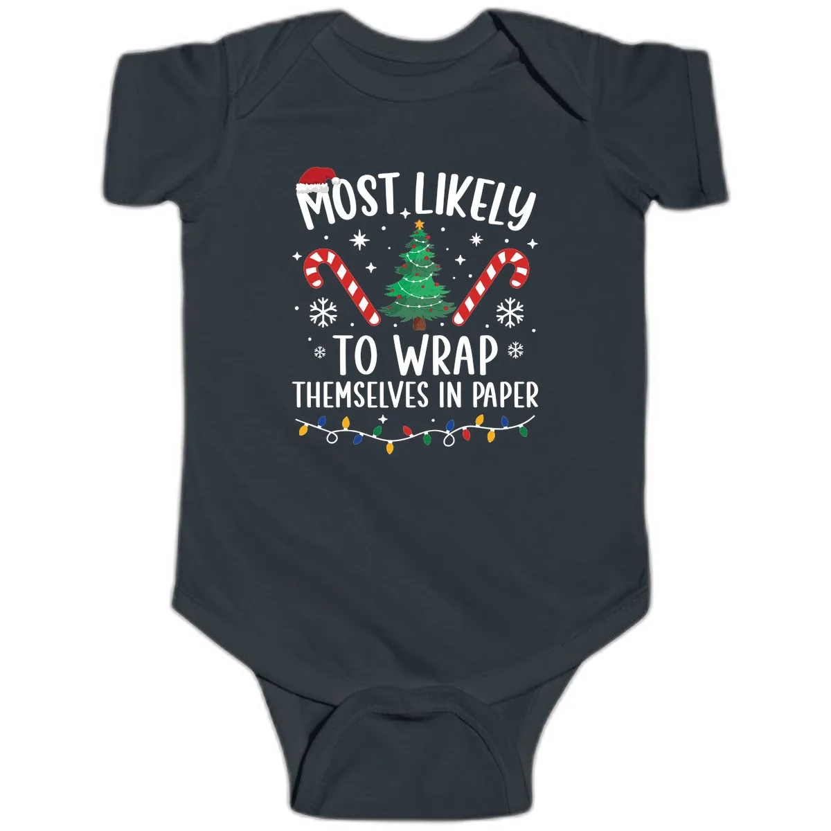 Most Likely To Wrap Themselves In Paper Christmas Baby Onesie in Black