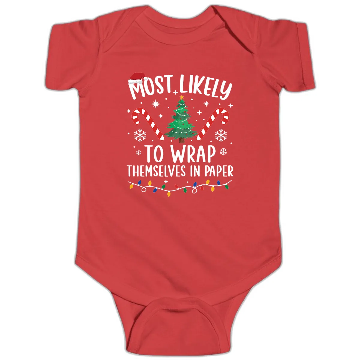 Most Likely To Wrap Themselves In Paper Christmas Baby Onesie in Red