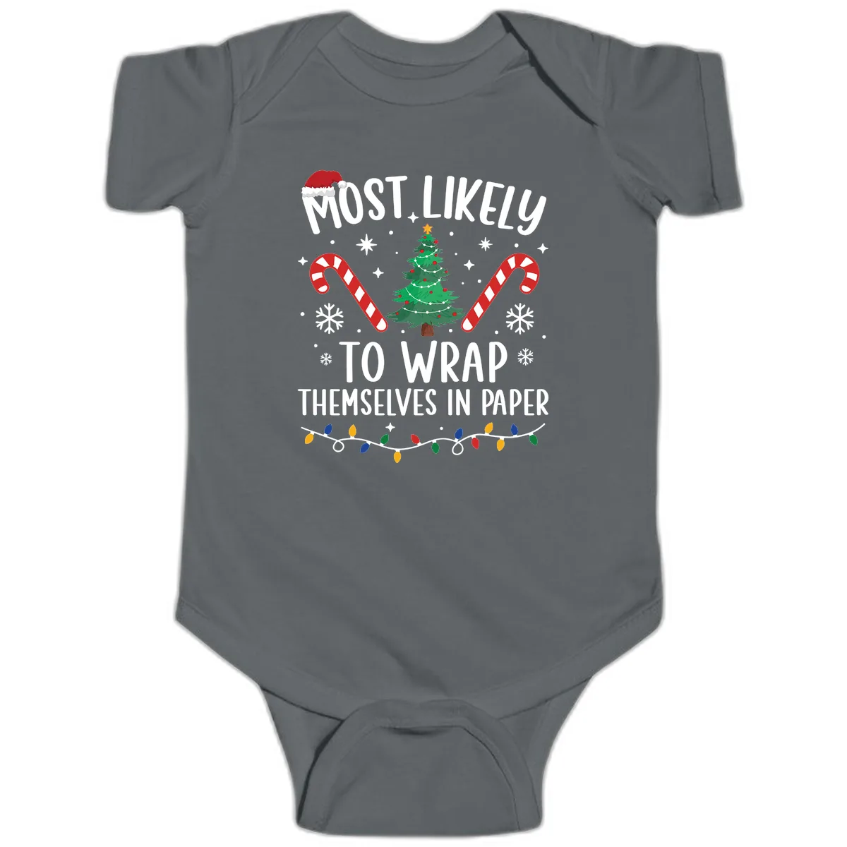 Most Likely To Wrap Themselves In Paper Christmas Baby Onesie in Charcoal