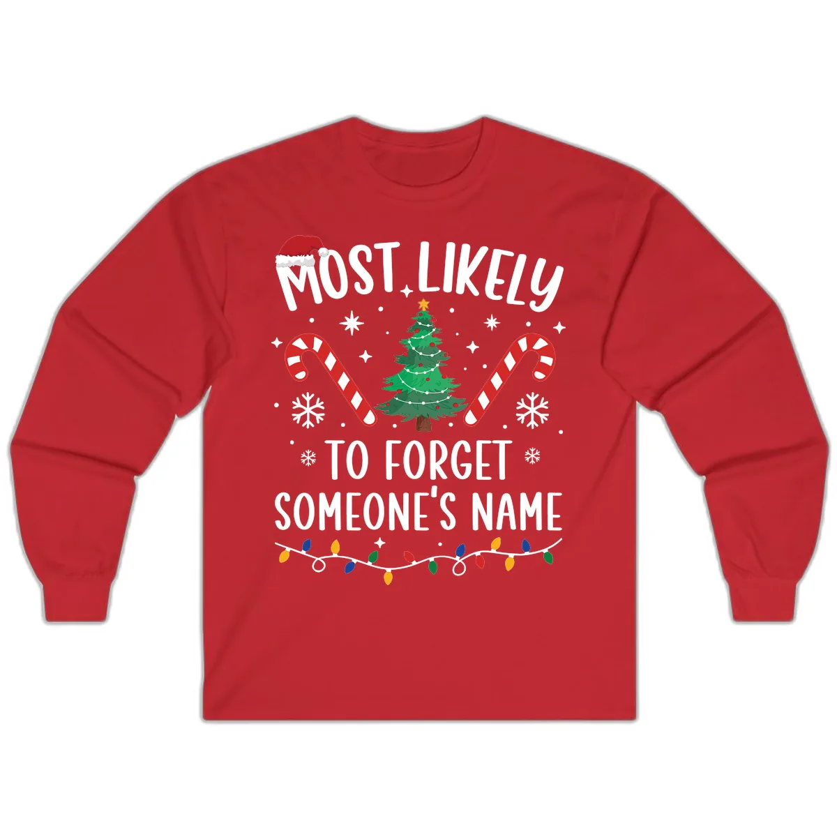 Most Likely To Forget Someone's Name Christmas Tee Long Sleeve in Red