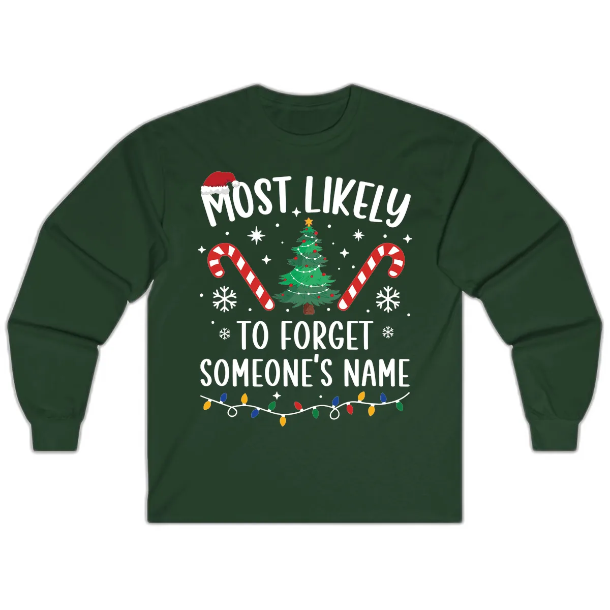 Most Likely To Forget Someone's Name Christmas Tee Long Sleeve in Forest Green