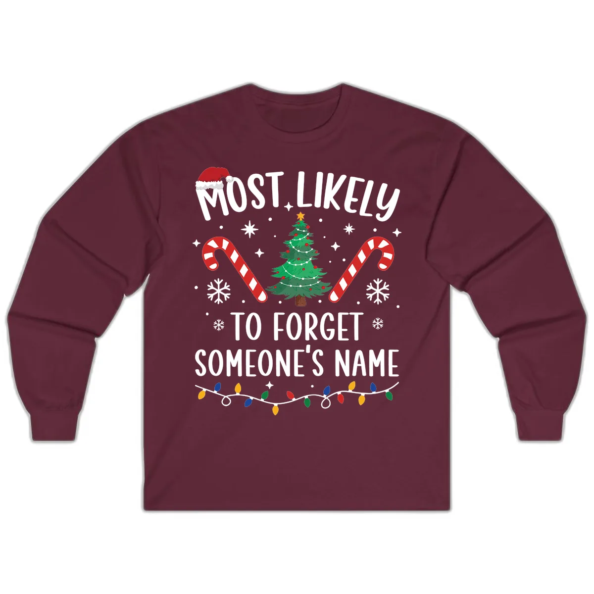 Most Likely To Forget Someone's Name Christmas Tee Long Sleeve in Maroon