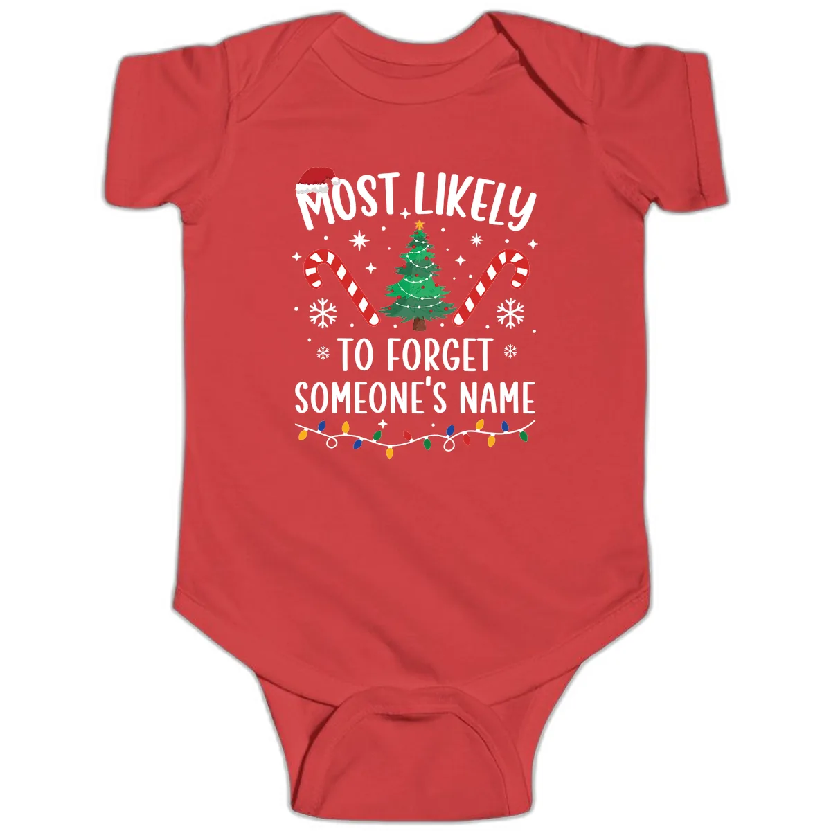 Most Likely To Forget Someone's Name Christmas Tee Baby Onesie in Red