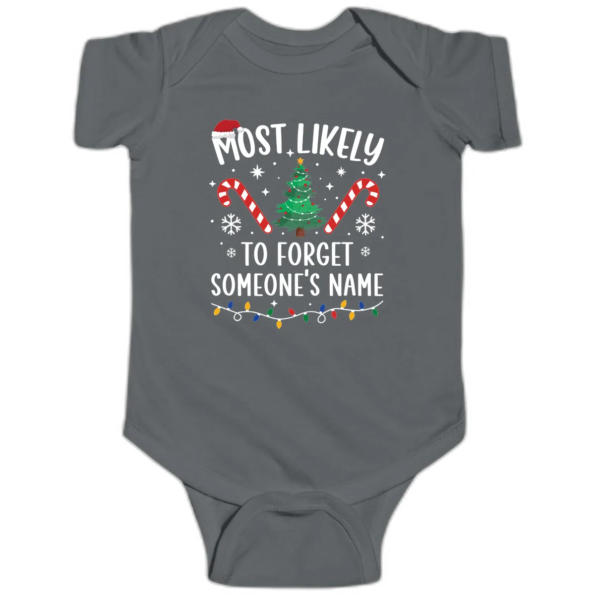Most Likely To Forget Someone's Name Christmas Tee Baby Onesie in Charcoal