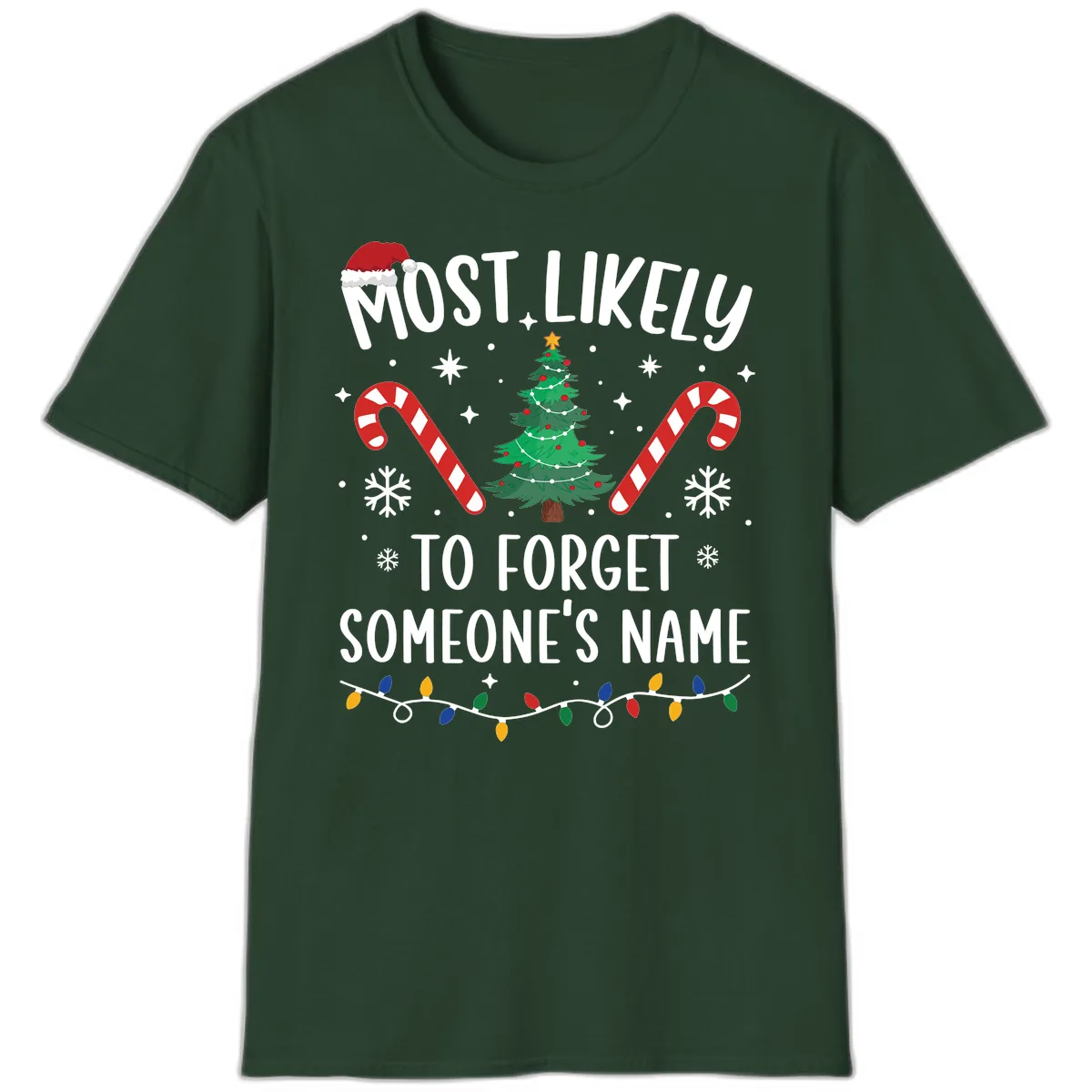 Most Likely To Forget Someone's Name Christmas Tee T-Shirt in Forest Green