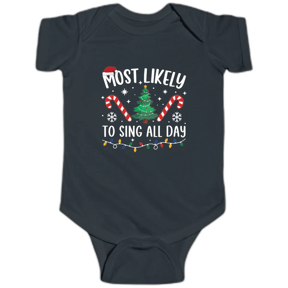 Most Likely To Sing All Day Christmas Baby Onesie in Black