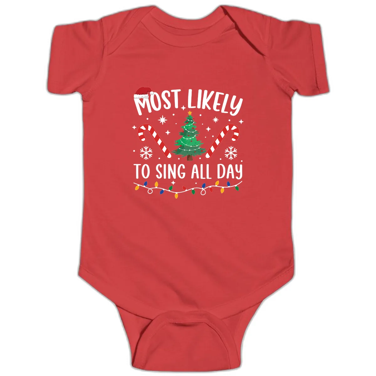 Most Likely To Sing All Day Christmas Baby Onesie in Red