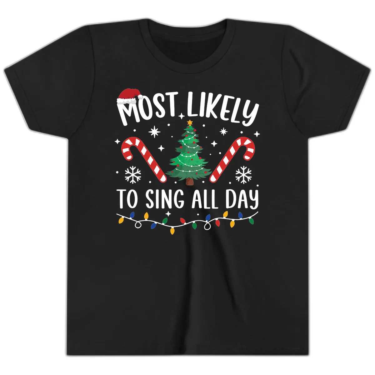 Most Likely To Sing All Day Christmas Youth T-Shirt in Black