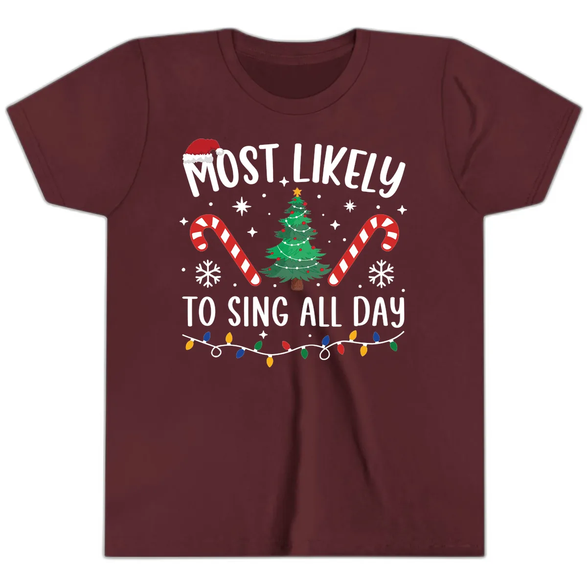 Most Likely To Sing All Day Christmas Youth T-Shirt in Maroon