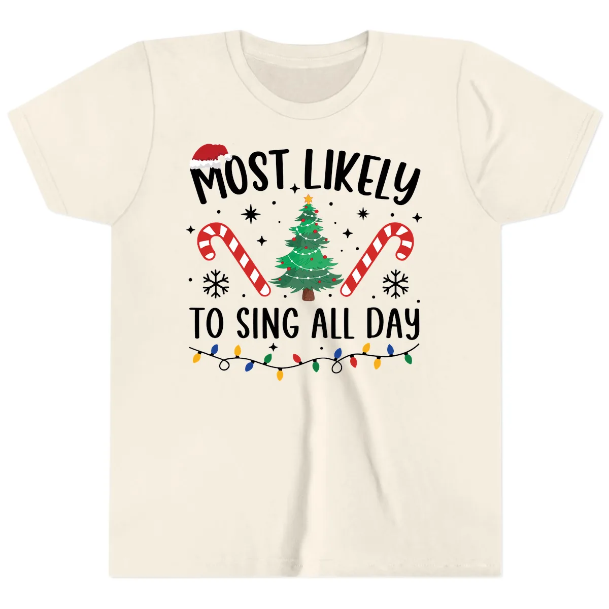 Most Likely To Sing All Day Christmas Youth T-Shirt in Natural