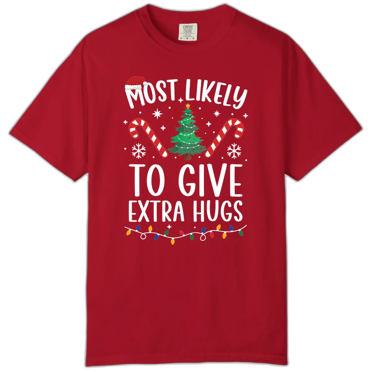 Most Likely To Give Extra Hugs Christmas Comfort Color in Red