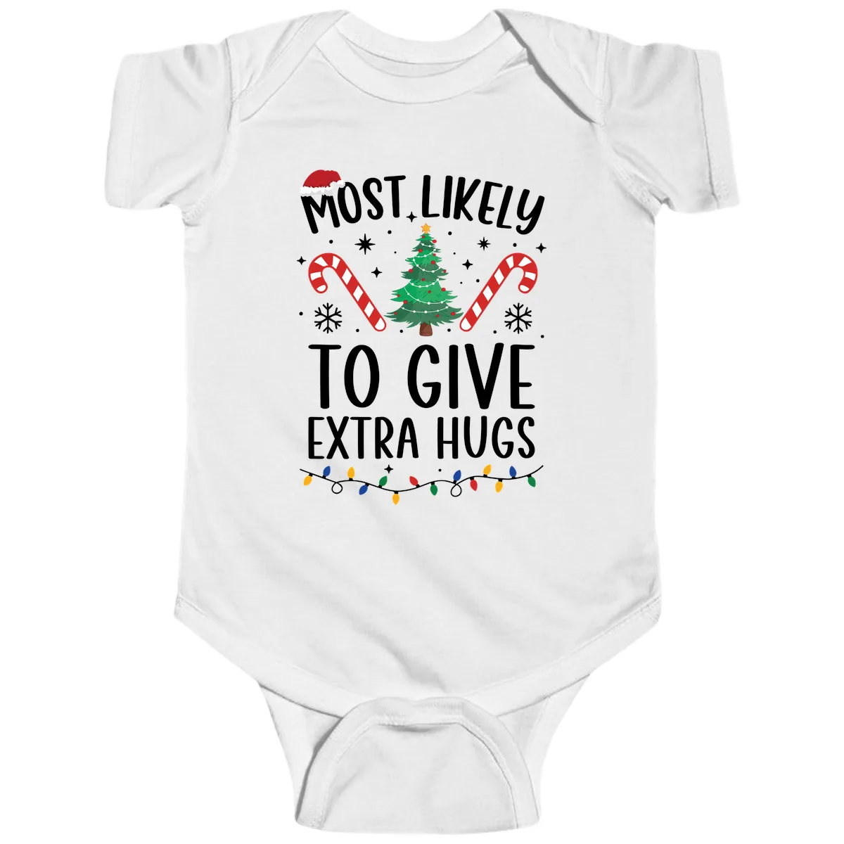 Most Likely To Give Extra Hugs Christmas Baby Onesie in White