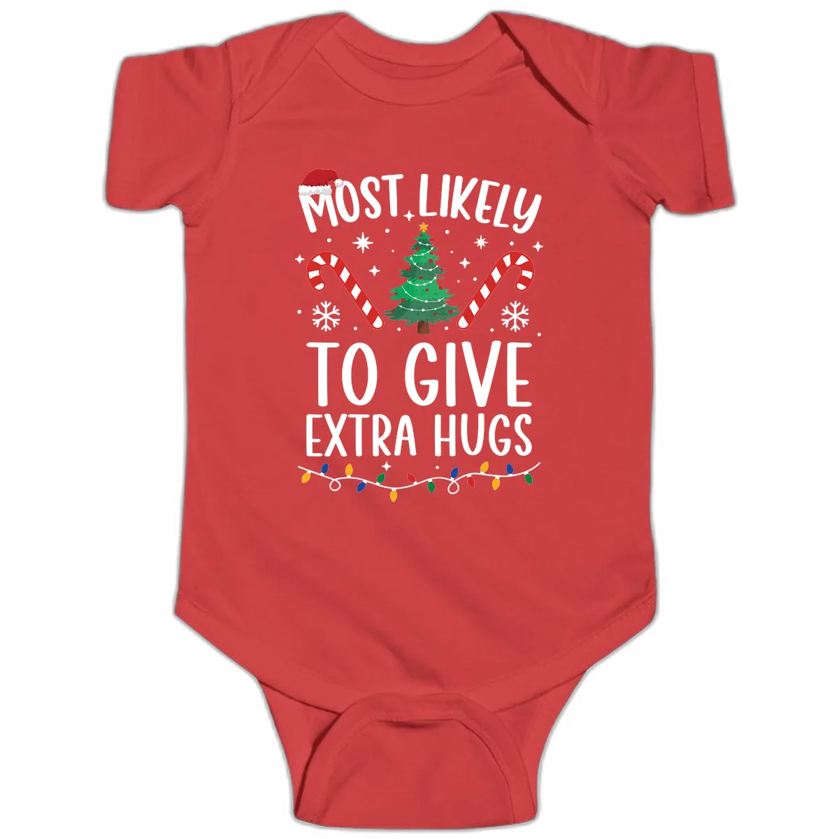 Most Likely To Give Extra Hugs Christmas Baby Onesie in Red