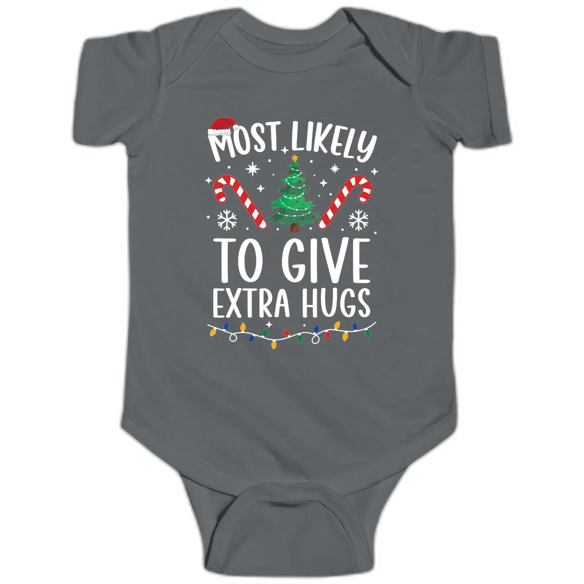 Most Likely To Give Extra Hugs Christmas Baby Onesie in Charcoal
