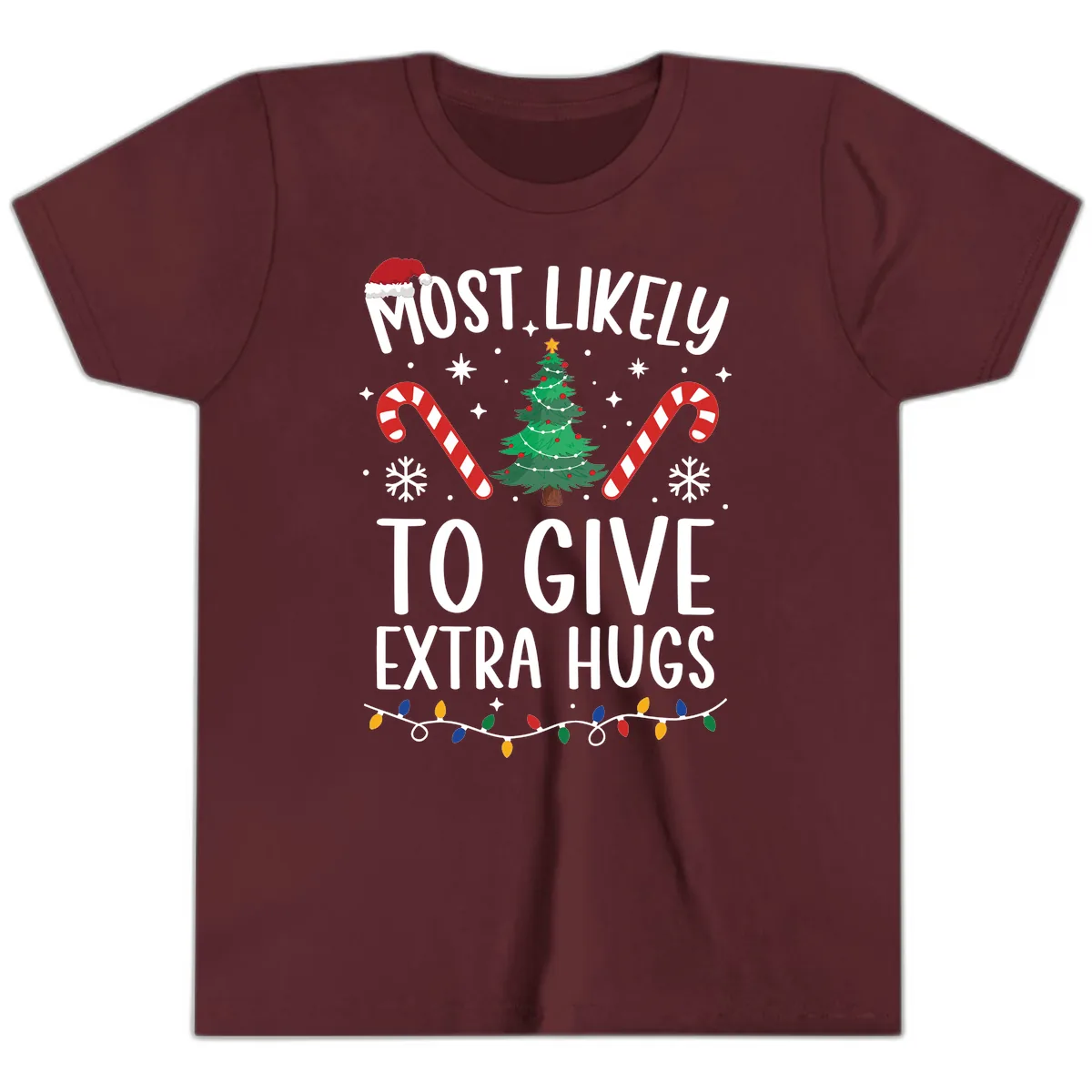 Most Likely To Give Extra Hugs Christmas Youth T-Shirt in Maroon
