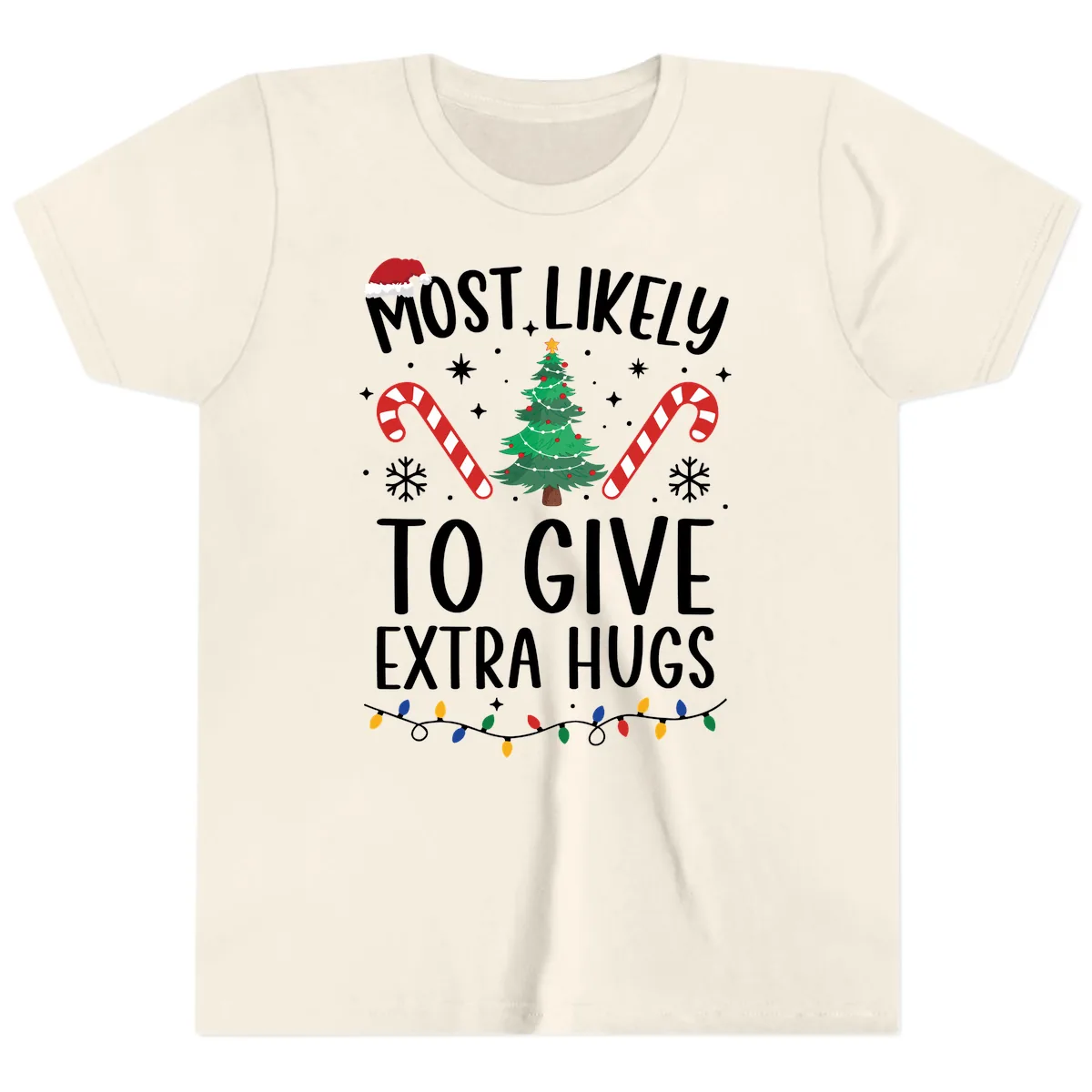 Most Likely To Give Extra Hugs Christmas Youth T-Shirt in Natural