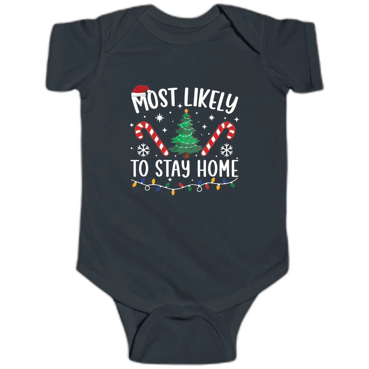 Most Likely To Stay Home Christmas Baby Onesie in Black