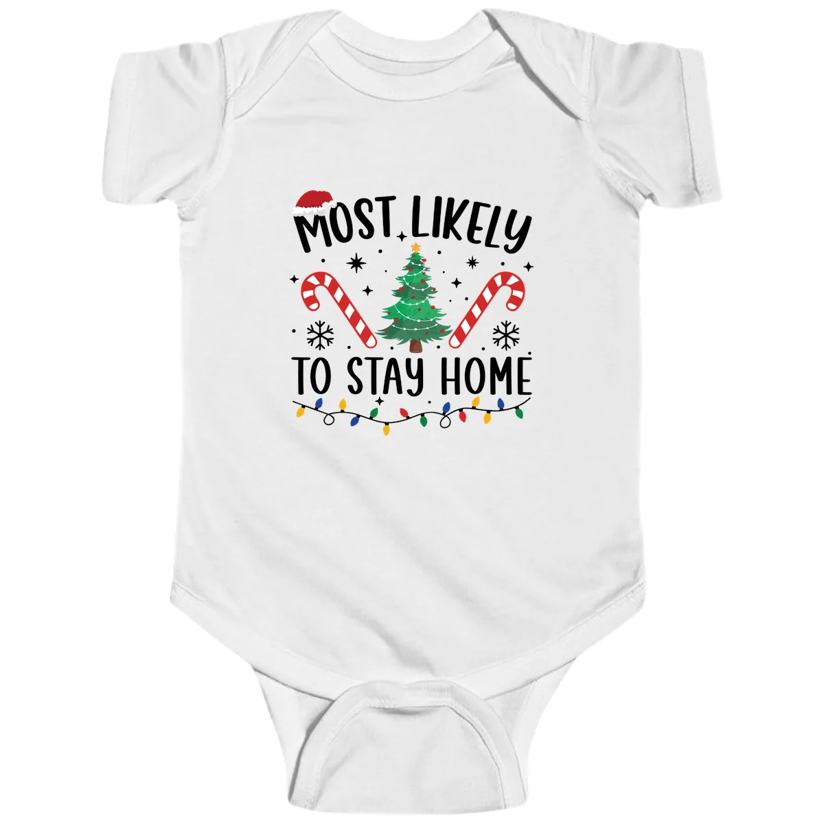 Most Likely To Stay Home Christmas Baby Onesie in White