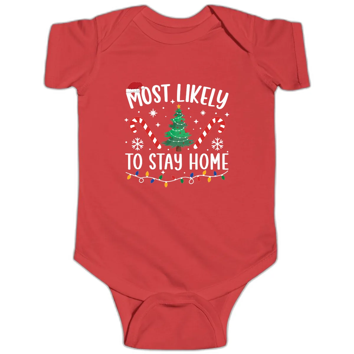 Most Likely To Stay Home Christmas Baby Onesie in Red