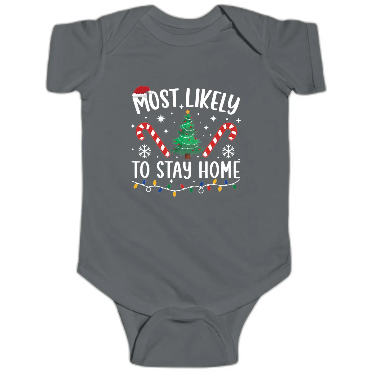 Most Likely To Stay Home Christmas Baby Onesie in Charcoal