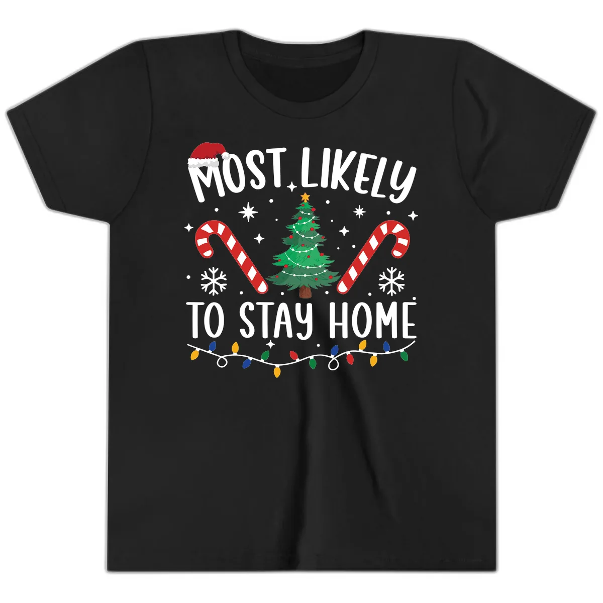 Most Likely To Stay Home Christmas Youth T-Shirt in Black