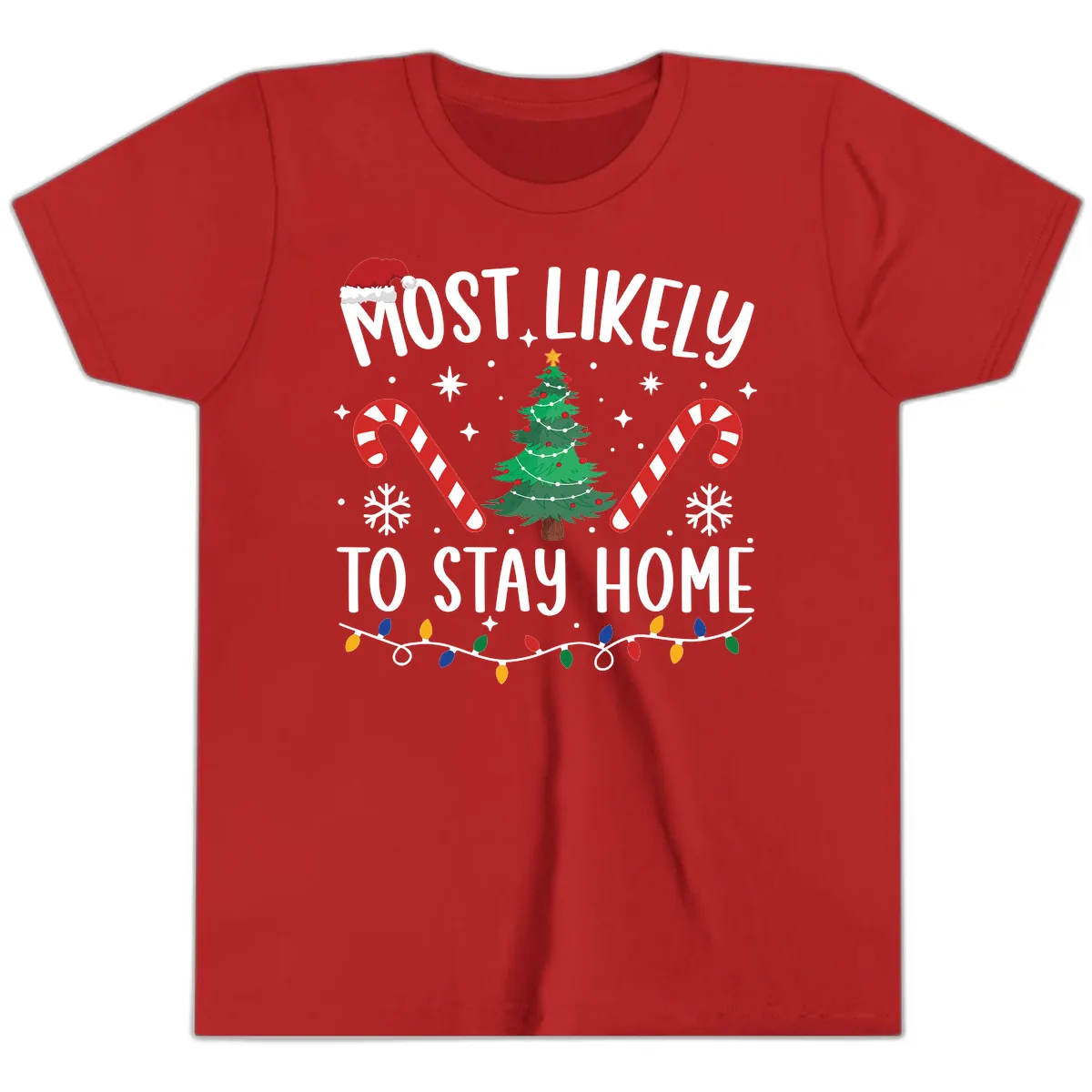 Most Likely To Stay Home Christmas Youth T-Shirt in Red