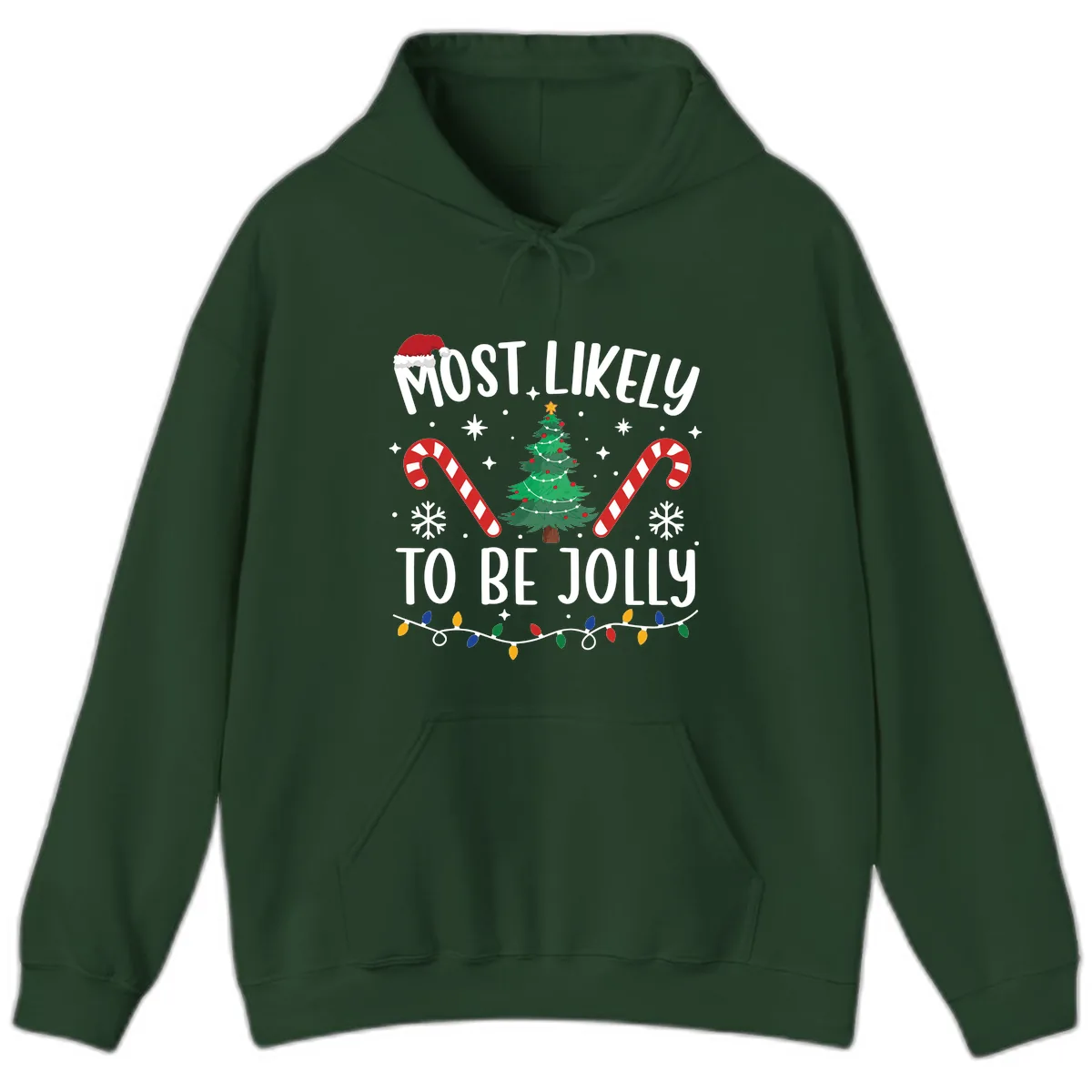 Most Likely To Be Jolly Christmas Tree Hoodie in Forest Green