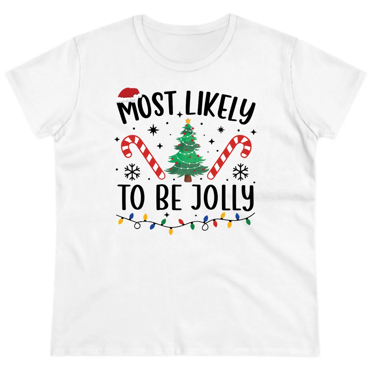 Most Likely To Be Jolly Christmas Tree Ladies Tee in White