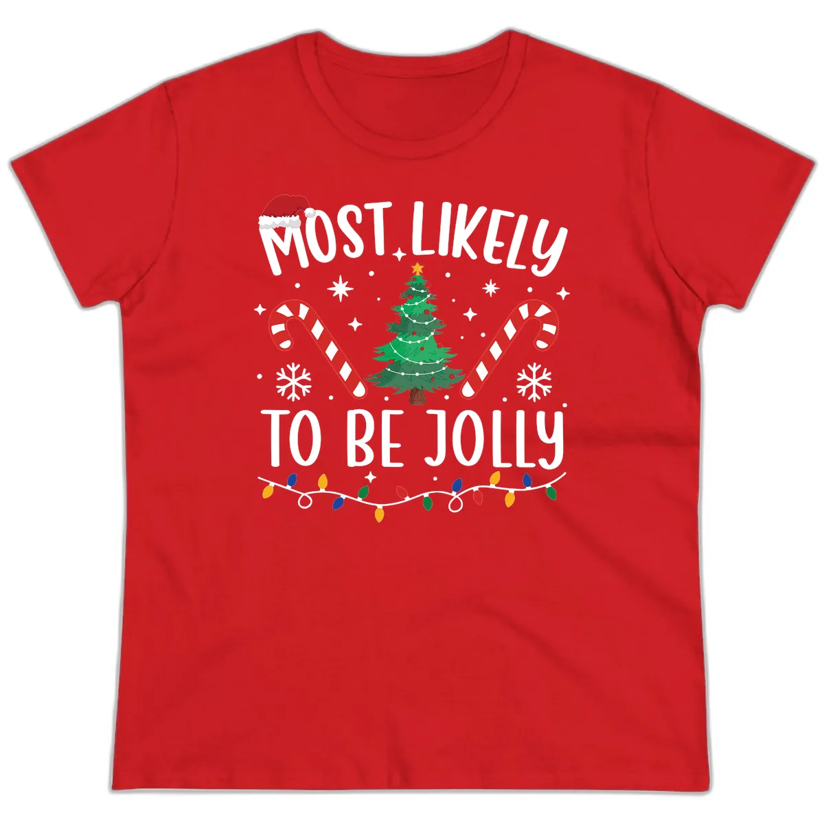 Most Likely To Be Jolly Christmas Tree Ladies Tee in Red