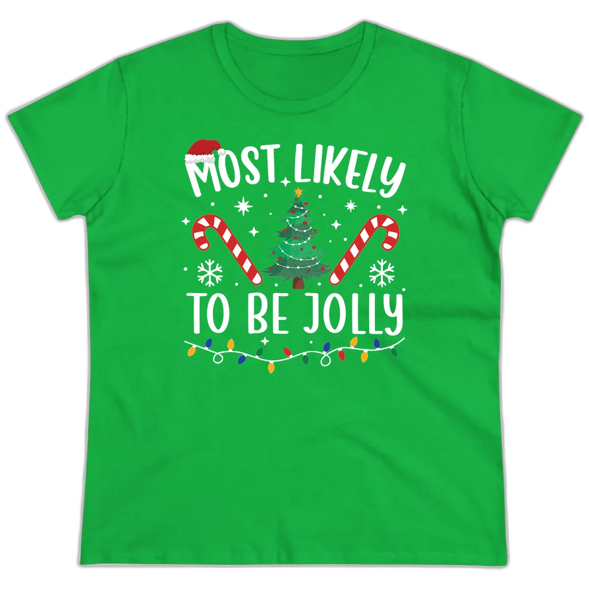 Most Likely To Be Jolly Christmas Tree Ladies Tee in Irish Green